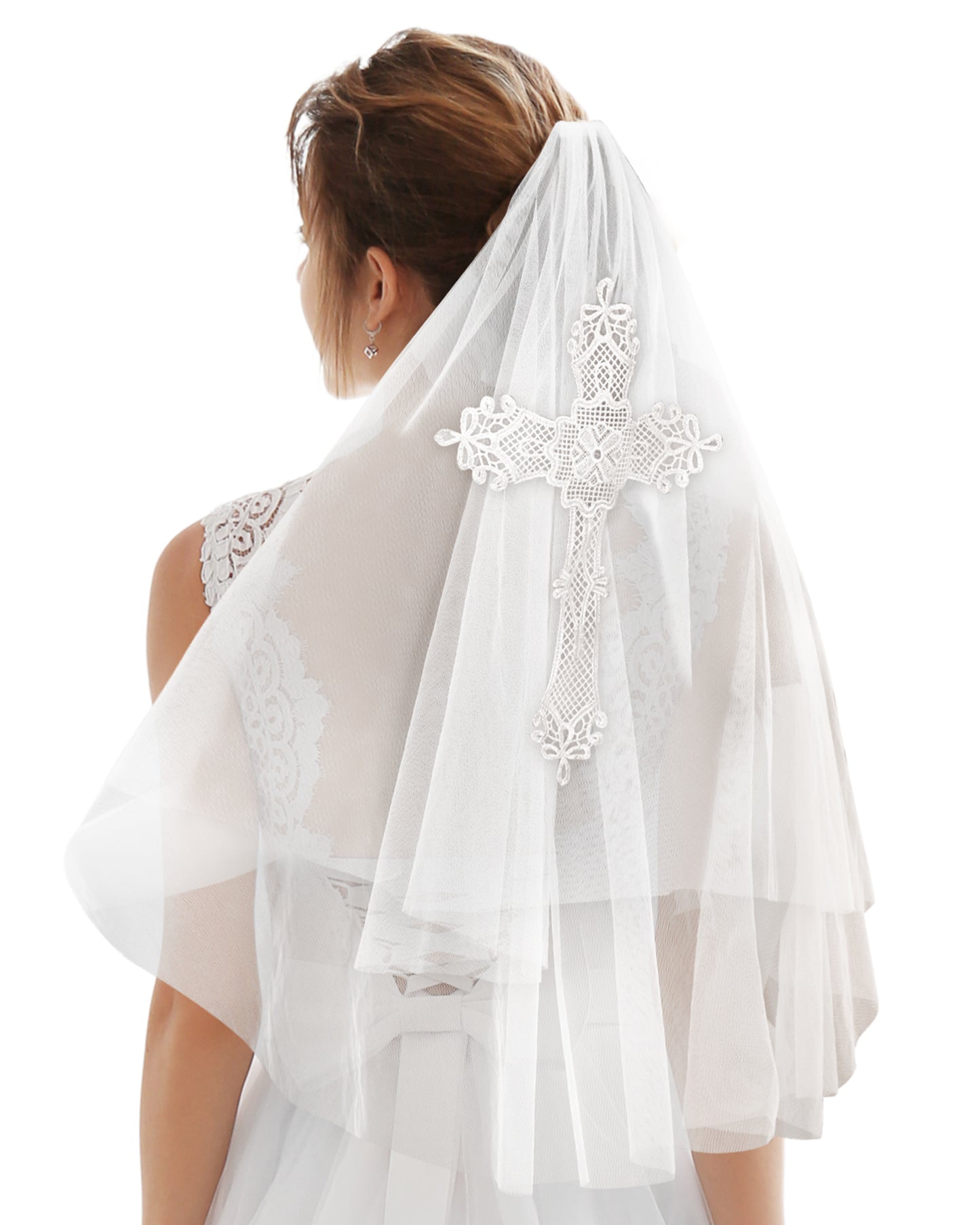 Bozidol White Wedding Bridal Veil:2 Tiers Short Fingertip Length Lace Embroidery Veil for Bachelorette Girls with Comb