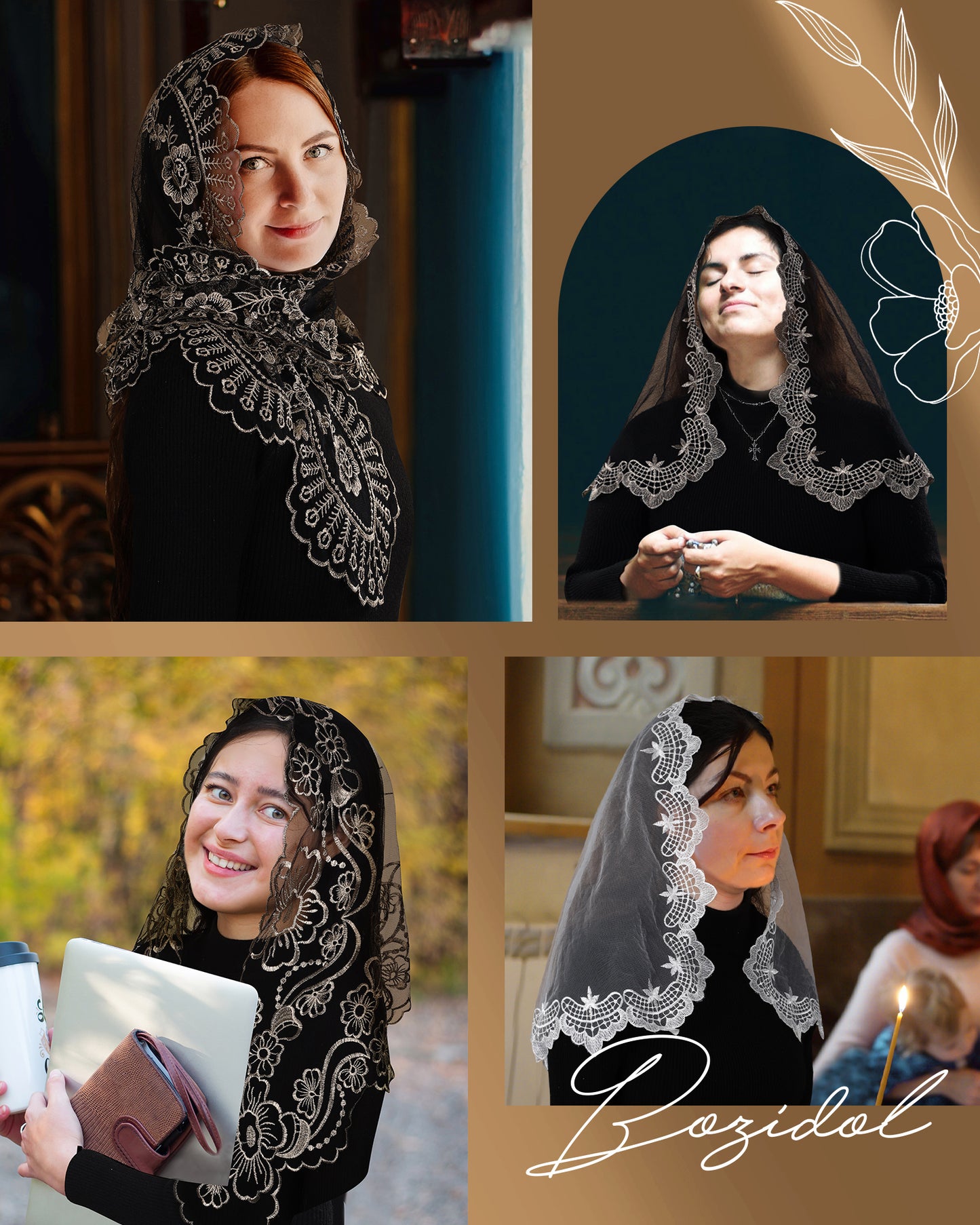Bozidol Church Veil Triangular Mantilla - Cross Chalice Embroidered Vintage Catholic Mass Veil for Women