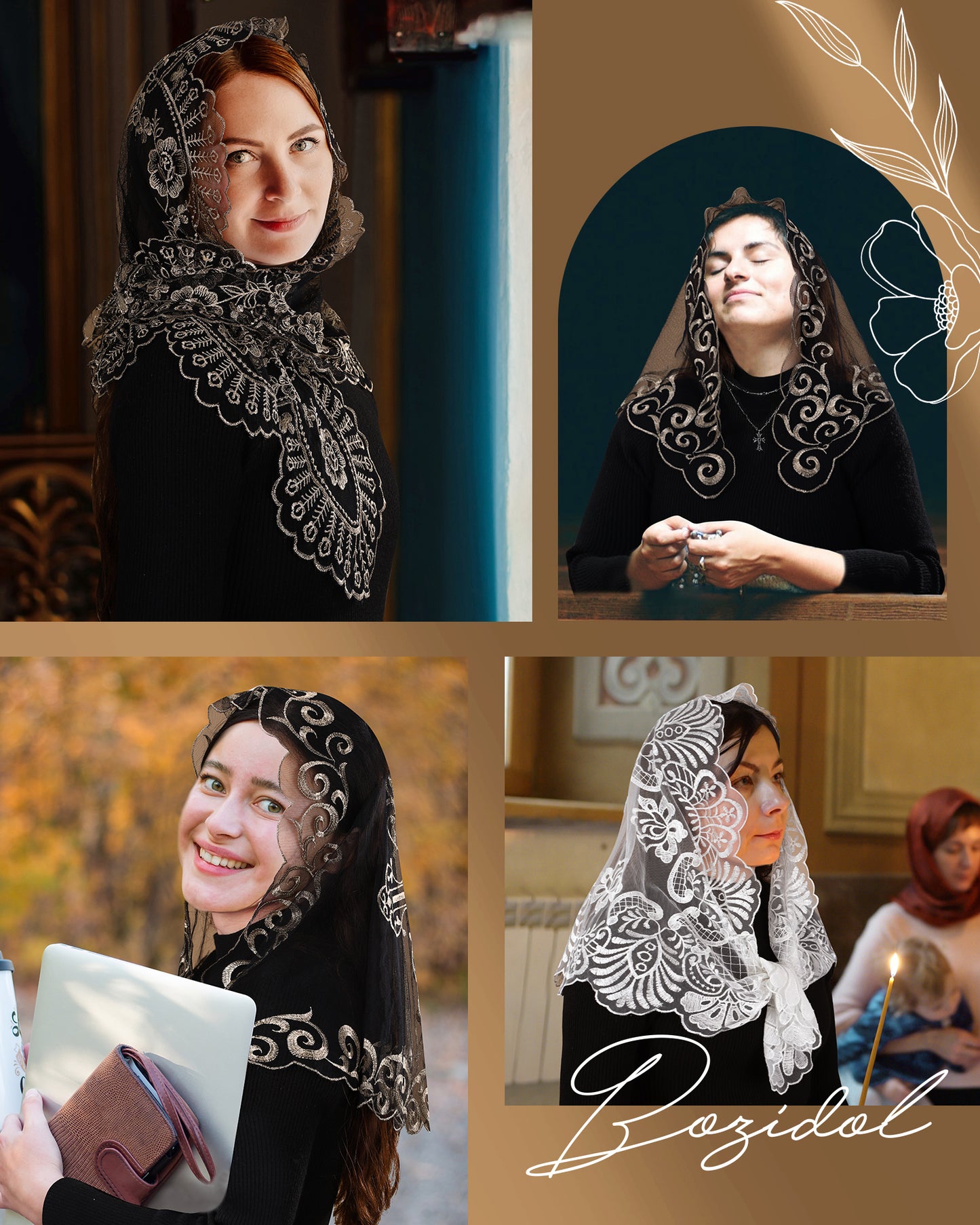 Bozidol Church Veil Catholic Mass Headband - Sacred Heart Embroidered Lace Triangle Headpiece Floral Church Veil