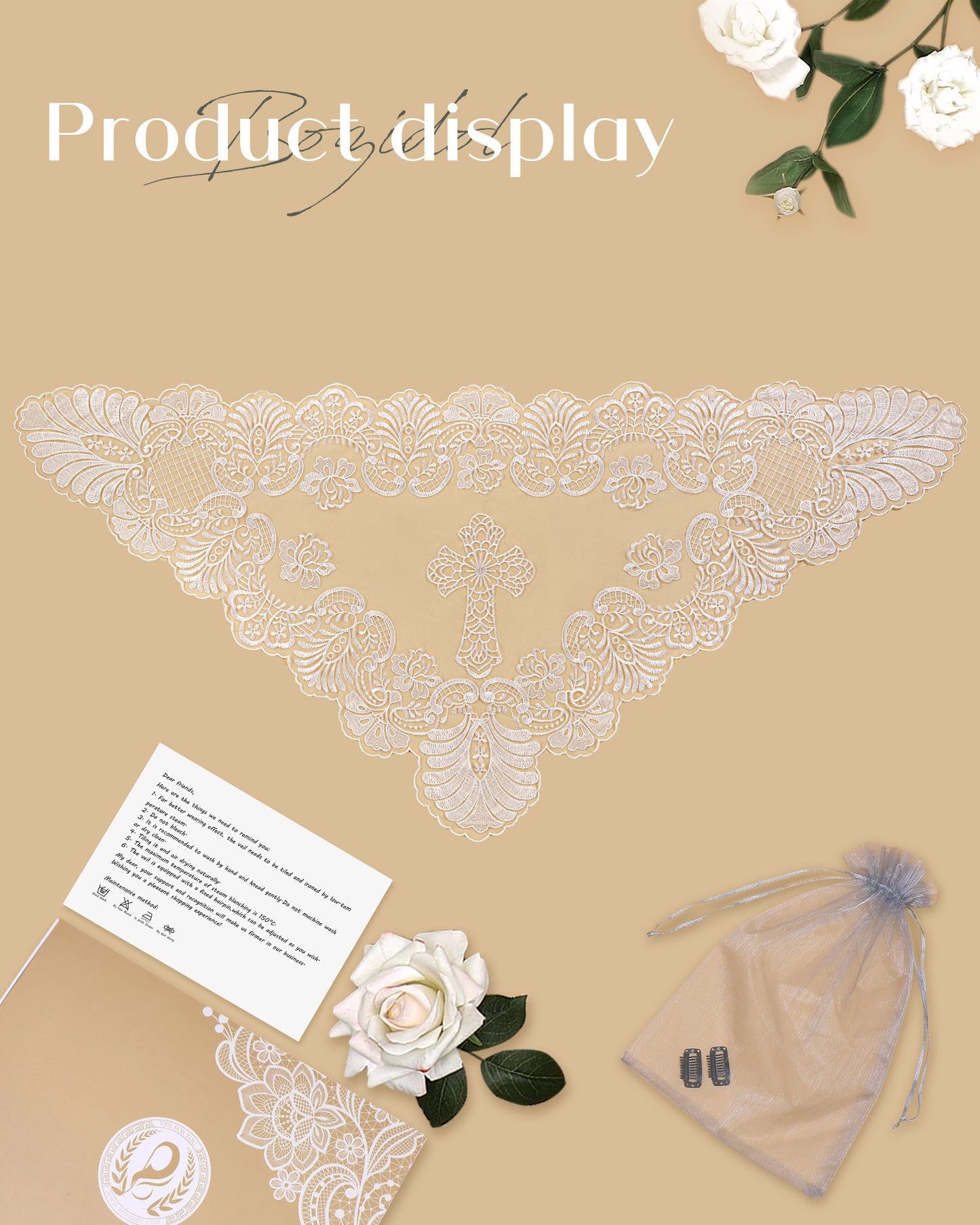 Bozidol Church Veil Catholic Mass Headband - Sacred Heart Embroidered Lace Triangle Headpiece Floral Church Veil