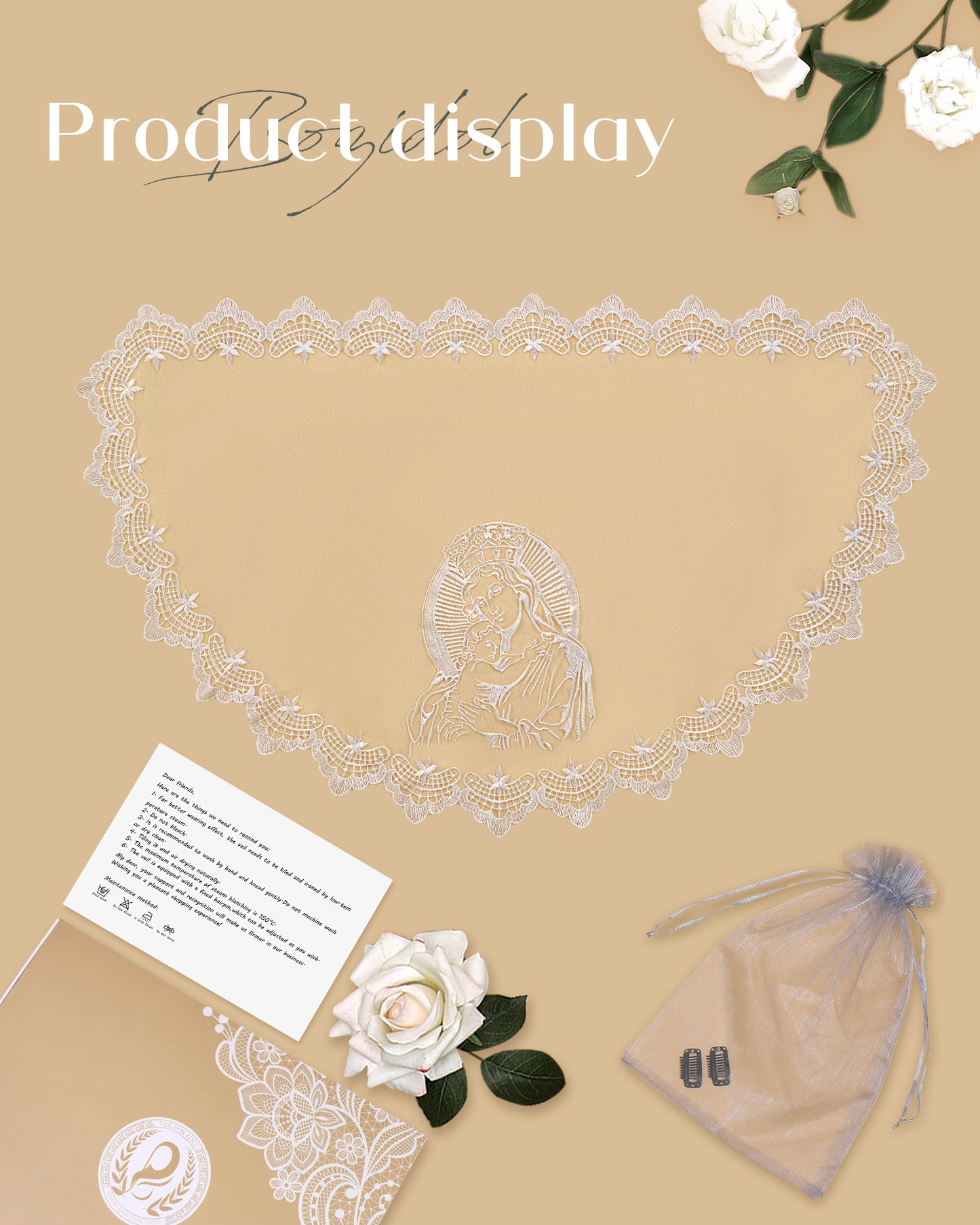 Bozidol Chapel Veils Catholic Mass Mantilla - Virgin and Child Embroidery Lace Triangle Head Coverings Floral Church Veil White