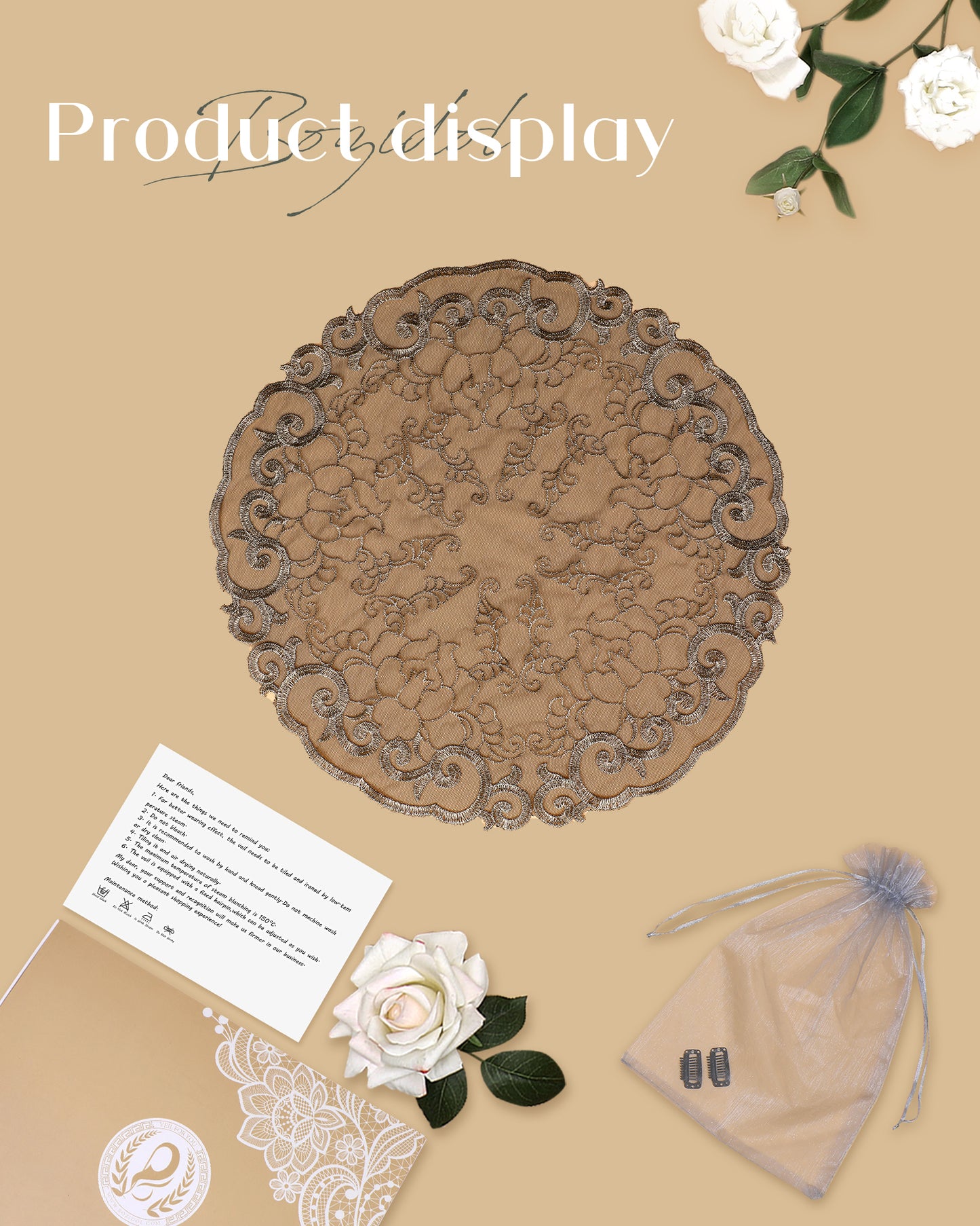 Bozidol Round Christian Peony Veil - Round Christian Lady's Veil is Embroidered with Peonies Rich and Elegant