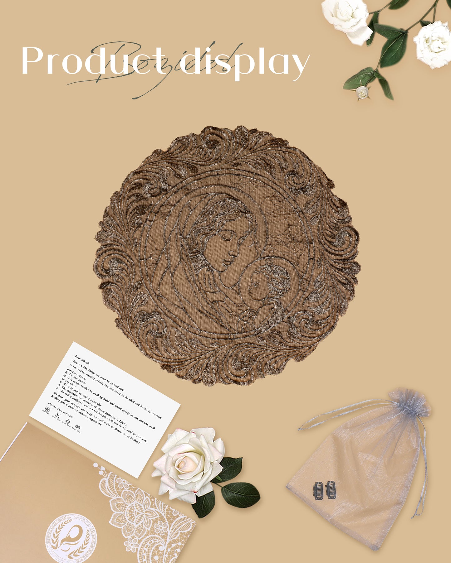 Bozidol Christian Virgin and Child Lace Veil - Embroidered With The Christian Virgin and Child in the Middle Surrounded by Matterns Surround Qin Bo Soft Lace Veil