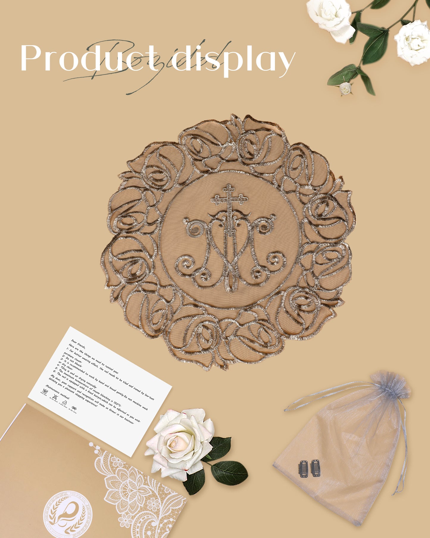 Bozidol Cross Rose Angel Veil - Bridal Mask Catholic Virgin Cross Rose Lace Angel Veil