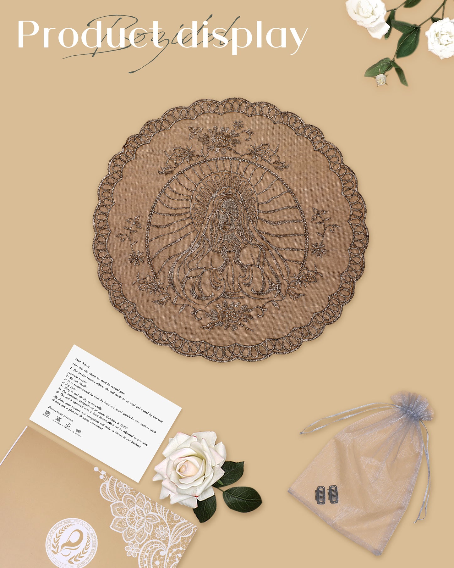 Bozidol Women Chapel Veils Mantilla - Church Veils Cross Embroidery Lace Round Shaped Head Coverings for Baptism (Blcak Gold)