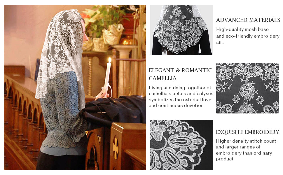 Bozidol Triangle Catholic Church Mantilla Veils for Religious Christian Floral Lace Scarf Shawl Veil with Hairclips