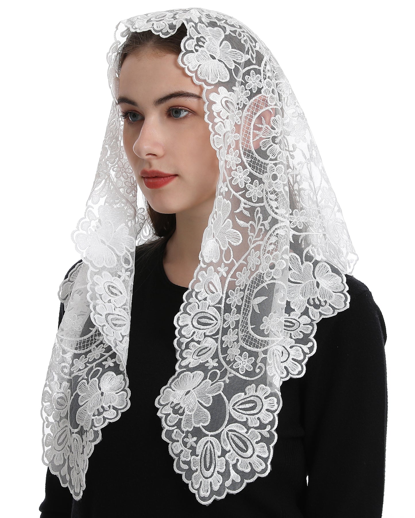 Bozidol Triangle Catholic Church Mantilla Veils for Religious Christian Floral Lace Scarf Shawl Veil with Hairclips