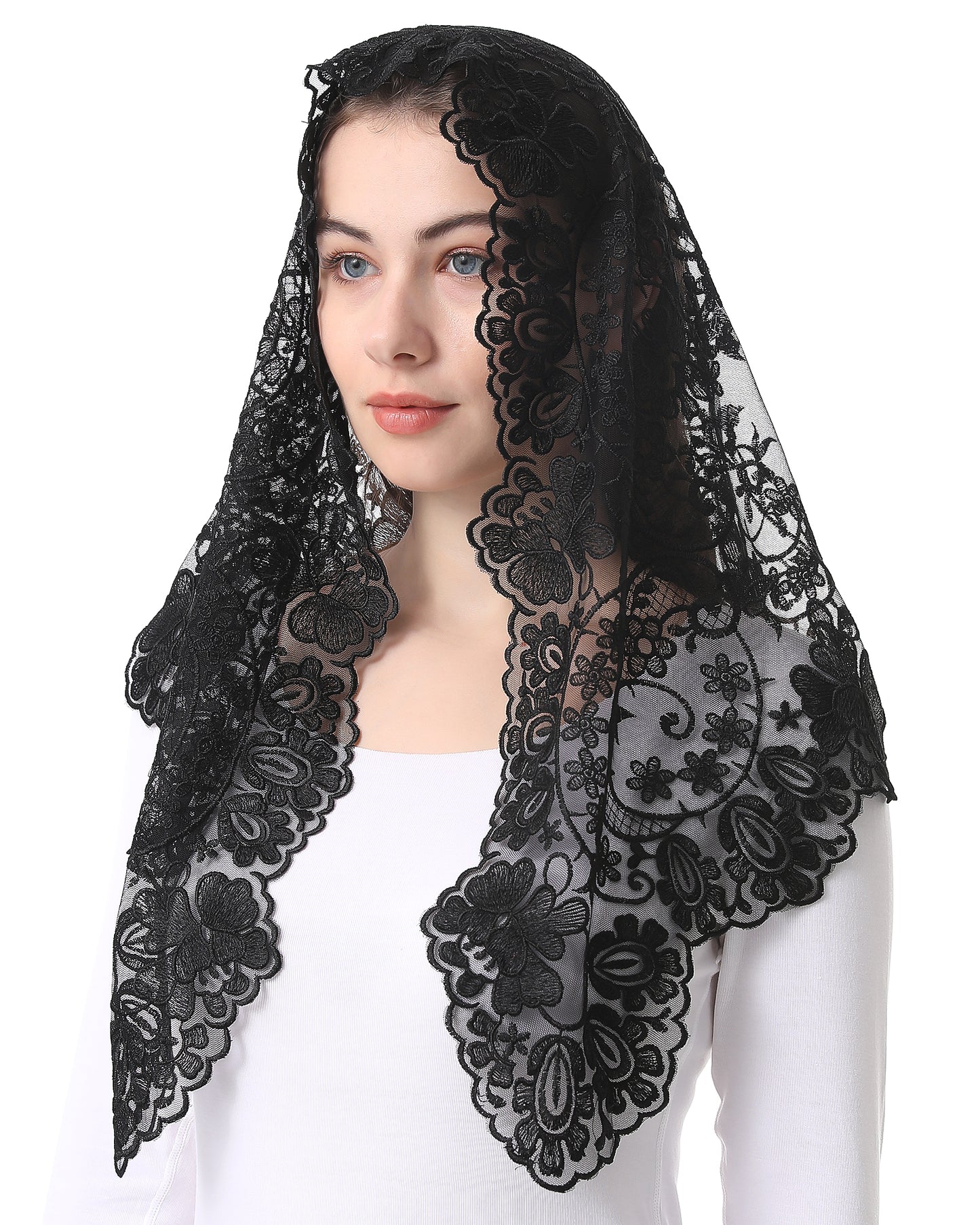 Bozidol Triangle Catholic Church Mantilla Veils for Religious Christian Floral Lace Scarf Shawl Veil with Hairclips