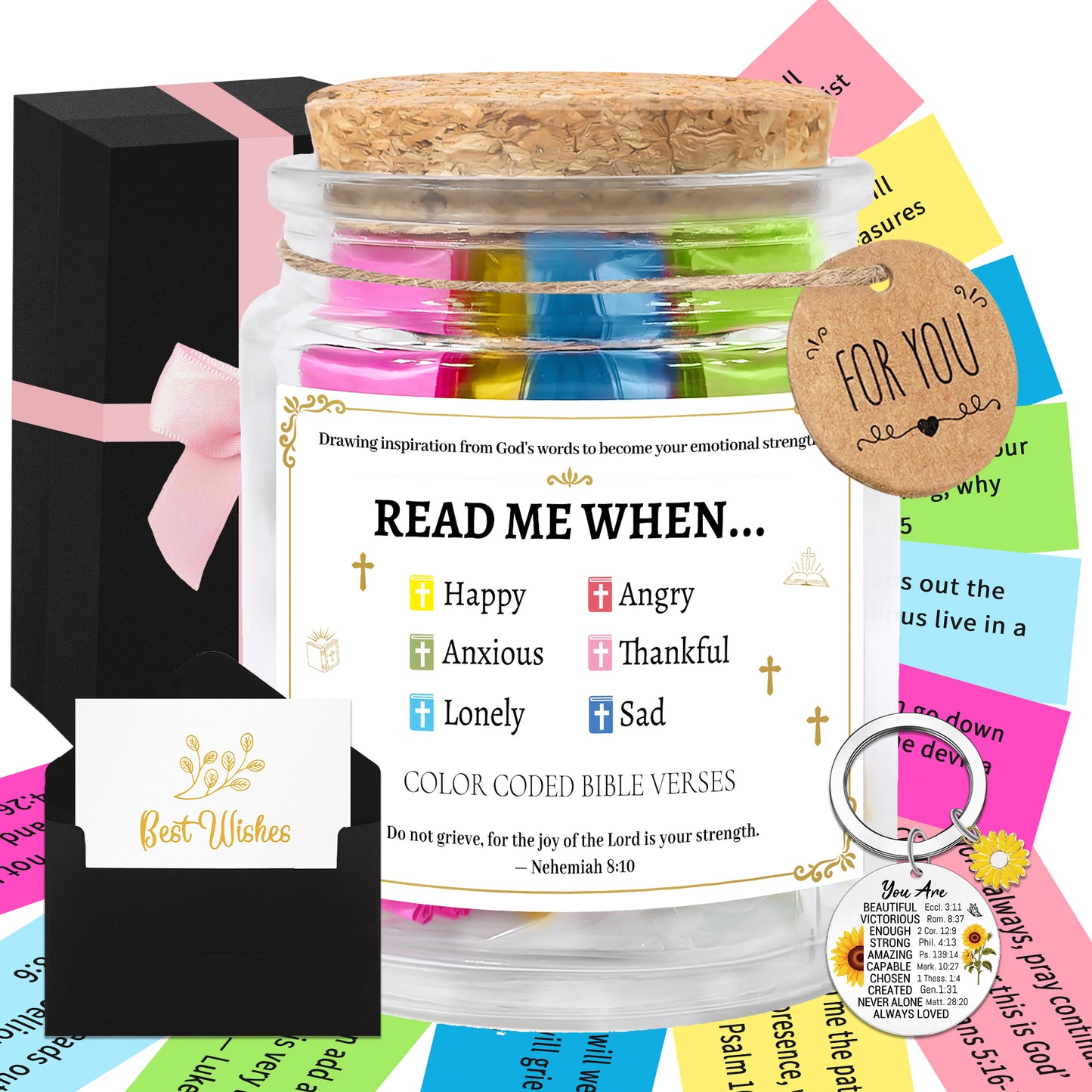 Bozidol Color Coded Bible Verses in a Jar, Read Me When Bible Verse Jar of Emotions and Feelings, Faith Hope Prayer Jars with Card, Keychain and Scriptures, Religious Christian Gifts for Church Women