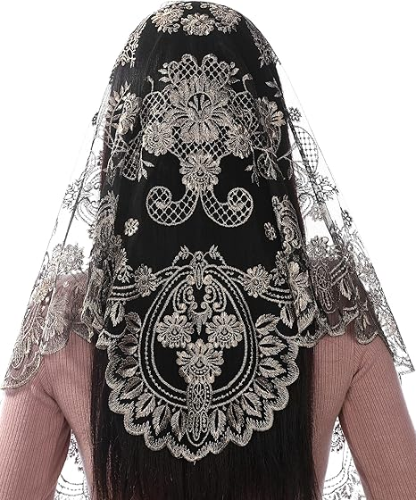 Bozidol Triangle Catholic Chapel Mantilla Veils - Short Camellia Embroidery Latin Mass Scarf Church Lace Veil with Gift Box