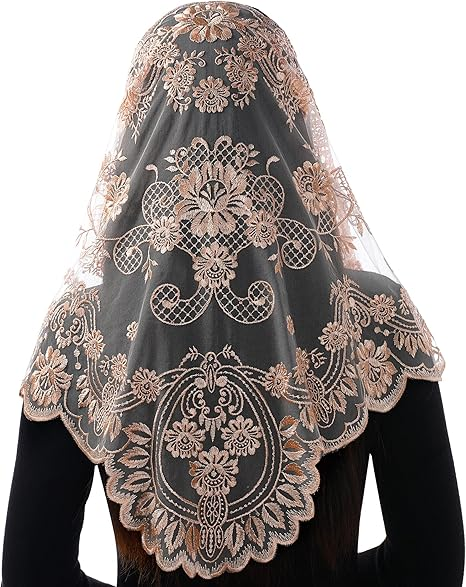 Bozidol Triangle Catholic Chapel Mantilla Veils - Short Camellia Embroidery Latin Mass Scarf Church Lace Veil with Gift Box