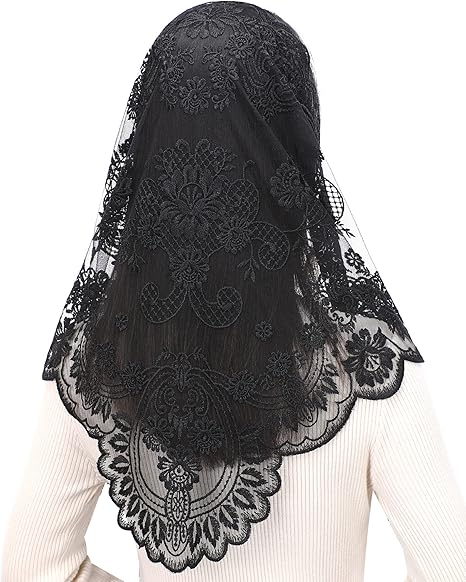 Bozidol Triangle Catholic Chapel Mantilla Veils - Short Camellia Embroidery Latin Mass Scarf Church Lace Veil with Gift Box