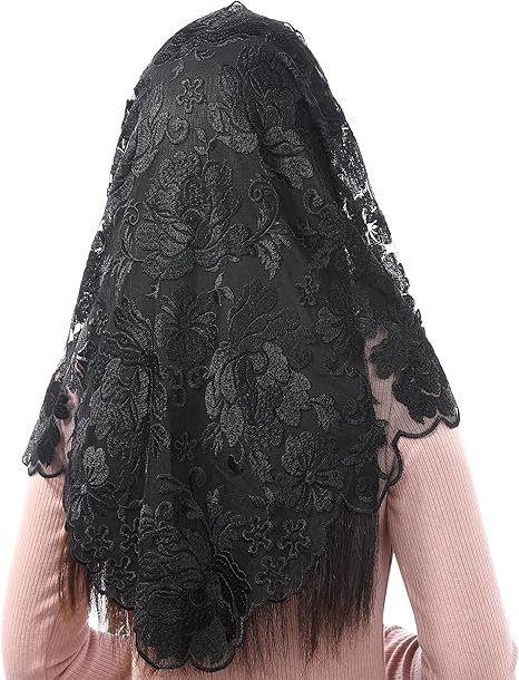 Bozidol Catholic Veils for Women Mass, Triangle Floral Chapel Veil Lace Mantilla Church Prayer Shawl Head Coverings with Clip