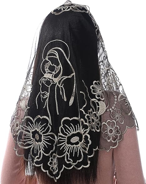 Bozidol Chapel Veils Catholic Mass Mantilla - Virgin and Child Embroidery Lace Triangle Head Coverings Floral Church Veil