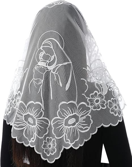 Bozidol Chapel Veils Catholic Mass Mantilla - Virgin and Child Embroidery Lace Triangle Head Coverings Floral Church Veil