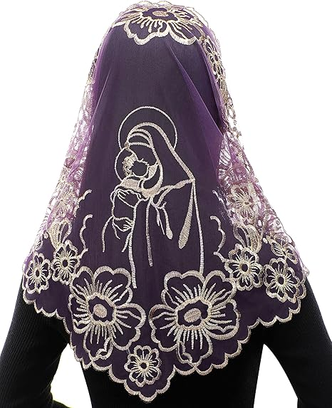 Bozidol Chapel Veils Catholic Mass Mantilla - Virgin and Child Embroidery Lace Triangle Head Coverings Floral Church Veil