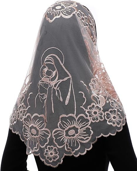 Bozidol Chapel Veils Catholic Mass Mantilla - Virgin and Child Embroidery Lace Triangle Head Coverings Floral Church Veil