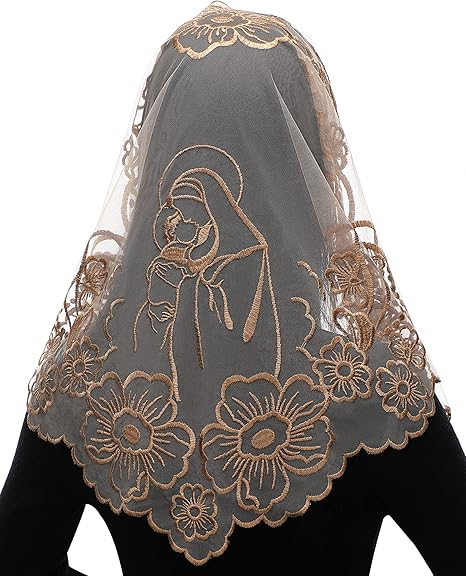 Bozidol Chapel Veils Catholic Mass Mantilla - Virgin and Child Embroidery Lace Triangle Head Coverings Floral Church Veil