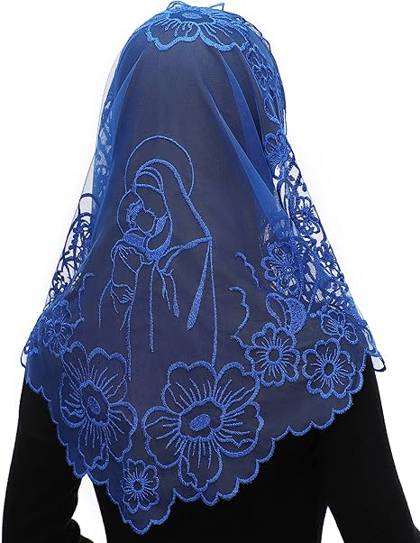 Bozidol Chapel Veils Catholic Mass Mantilla - Virgin and Child Embroidery Lace Triangle Head Coverings Floral Church Veil
