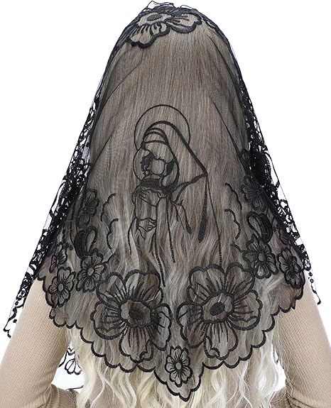 Bozidol Chapel Veils Catholic Mass Mantilla - Virgin and Child Embroidery Lace Triangle Head Coverings Floral Church Veil