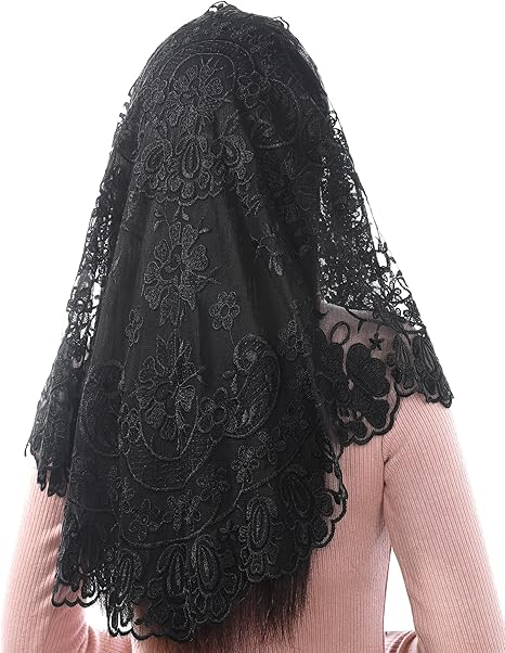 Bozidol Triangle Catholic Church Mantilla Veils for Religious Christian Floral Lace Scarf Shawl Veil with Hairclips