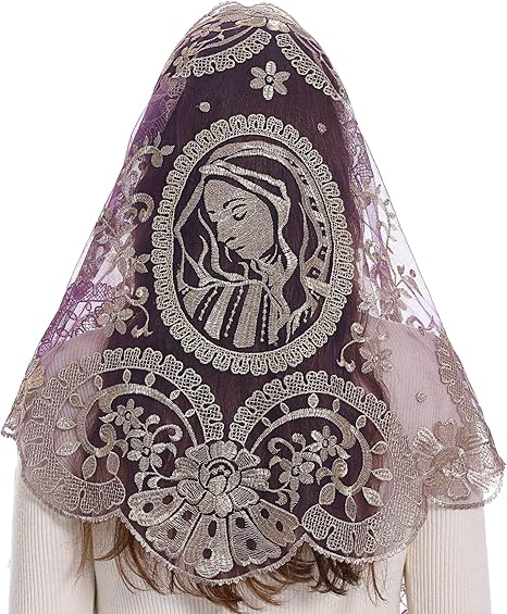 Bozidol Spanish Catholic Lace Veil - Virgin Mary Embroidery Church Mantilla Chapel Mass Scarf Prayer Veil with Hairclips