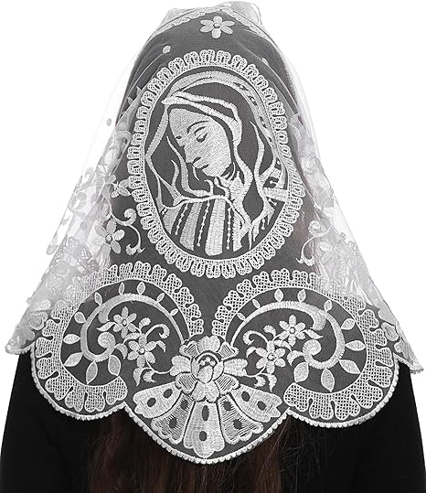 Bozidol Spanish Catholic Lace Veil - Virgin Mary Embroidery Church Mantilla Chapel Mass Scarf Prayer Veil with Hairclips