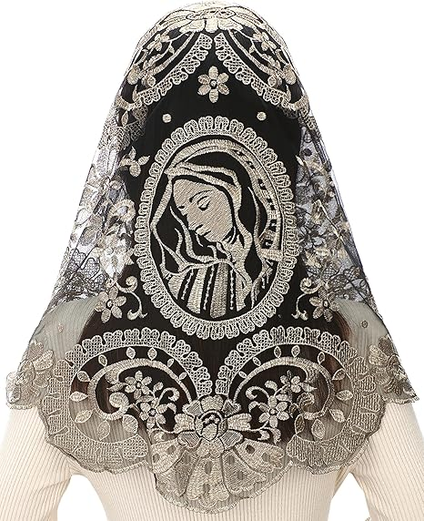 Bozidol Spanish Catholic Lace Veil - Virgin Mary Embroidery Church Mantilla Chapel Mass Scarf Prayer Veil with Hairclips