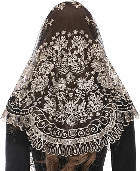 Bozidol Triangle Catholic Chapel Mantilla Veils - Short Camellia Embroidery Latin Mass Scarf Church Lace Veil with Gift Box