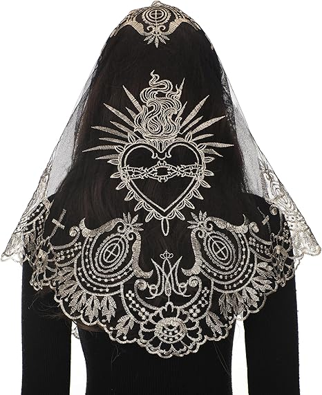 Bozidol Cross Religious Lace Veil- Catholic Embroidered Cross and Shell Creative Design Religious Ladies Prayer Lace Veil