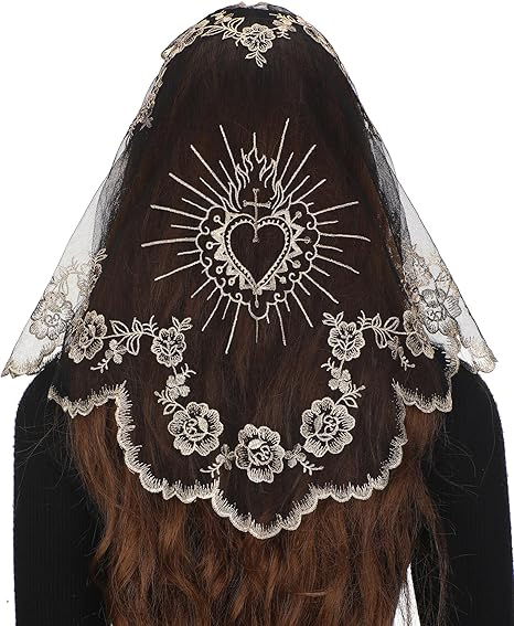 Bozidol Triangular Camellia Sacred Heart Veil - Church Wedding Embroidered Camellia Sacred Heart Wavy Short Veil Scarf
