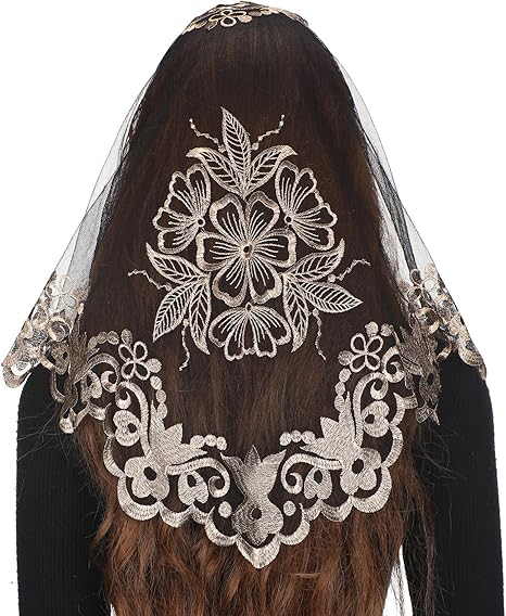 Bozidol Triangular Camellia Sacred Heart Veil - Church Wedding Embroidered Camellia Sacred Heart Wavy Short Veil Scarf