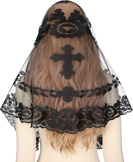 Bozidol Cross Religious Lace Veil- Catholic Embroidered Cross and Shell Creative Design Religious Ladies Prayer Lace Veil