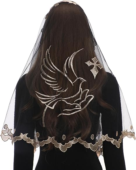 Bozidol Church Triangular Head covering - Cross Chalice Embroidered Vintage Church Veil for Women