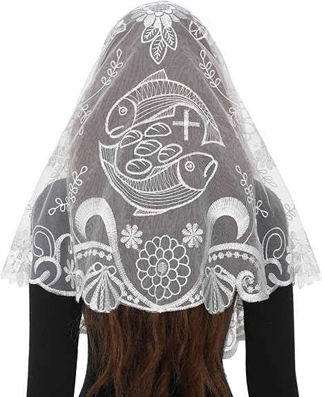 Bozidol Triangular Camellia Sacred Heart Veil - Church Wedding Embroidered Camellia Sacred Heart Wavy Short Veil Scarf