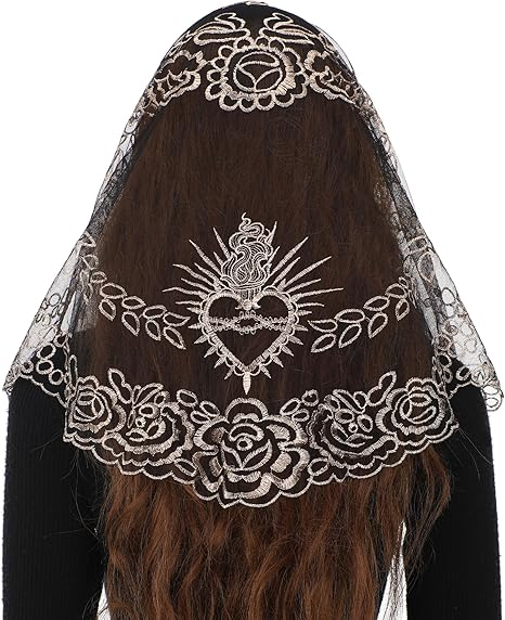 Bozidol Traditional Triangular church veil - Spanish Style with Holy Grail Embroidery Lace Mantilla veil for women