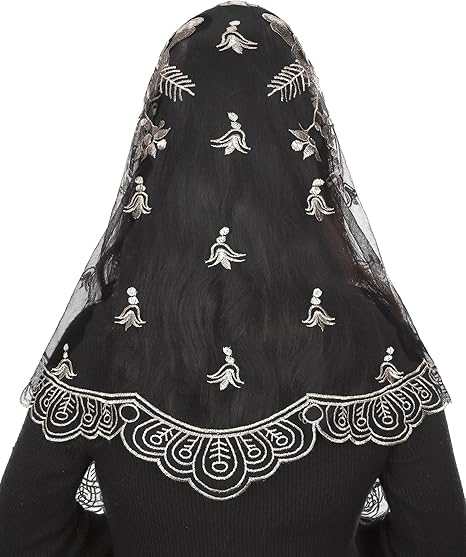 Bozidol Church Veil Triangular Mantilla - Cross Chalice Embroidered Vintage Catholic Mass Veil for Women