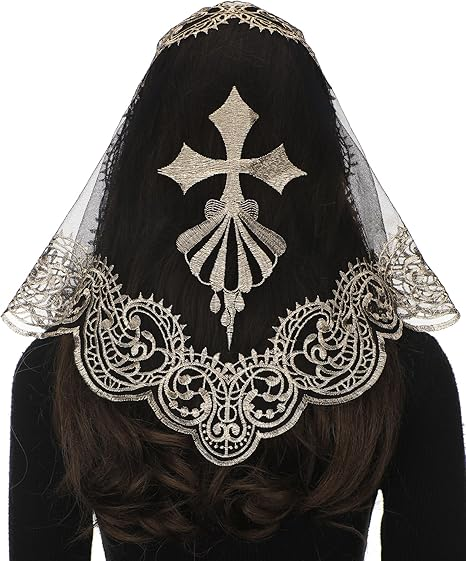 Bozidol Cross Religious Lace Veil- Catholic Embroidered Cross and Shell Creative Design Religious Ladies Prayer Lace Veil