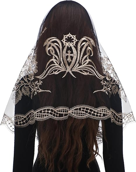Bozidol Traditional Triangular church veil - Spanish Style with Holy Grail Embroidery Lace Mantilla veil for women