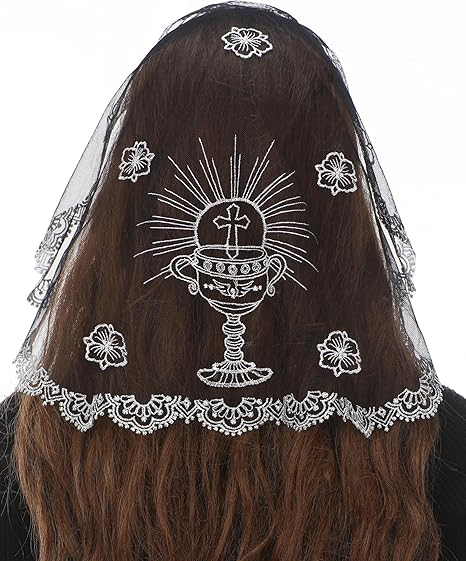 Bozidol Mantilla Veils for Church Catholic - Holy Grail & Pomegranate Flower Women Mass Chapel Short Head Veils
