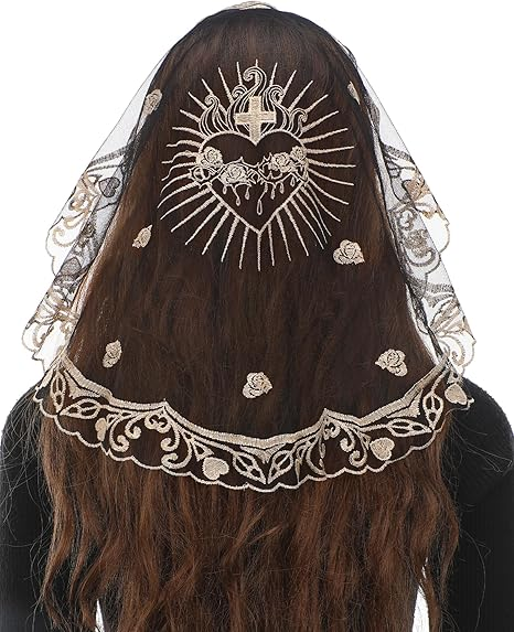 Bozidol Catholic Veils for Women - Mass Chapel Veils with Sacred Heart & Rose Pattern
