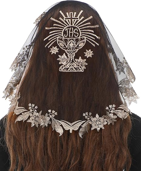 Bozidol Women Girls First Holy Communion JHS Chalice Embroidery Lace Mantilla Chapel Veils for Church Catholic Head Coverings
