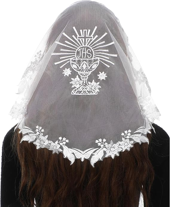 Bozidol Women Girls First Holy Communion JHS Chalice Embroidery Lace Mantilla Chapel Veils for Church Catholic Head Coverings