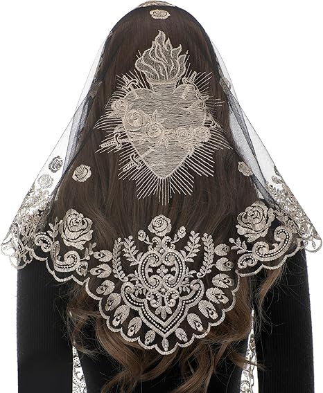 Bozidol Mantilla Veils for Church Catholic, Triangle Sacred Heart of Mary Embroidered Lace Chapel Veil Mass Head Coverings