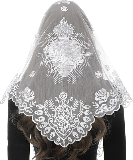 Bozidol Mantilla Veils for Church Catholic, Triangle Sacred Heart of Mary Embroidered Lace Chapel Veil Mass Head Coverings