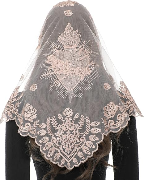 Bozidol Mantilla Veils for Church Catholic, Triangle Sacred Heart of Mary Embroidered Lace Chapel Veil Mass Head Coverings