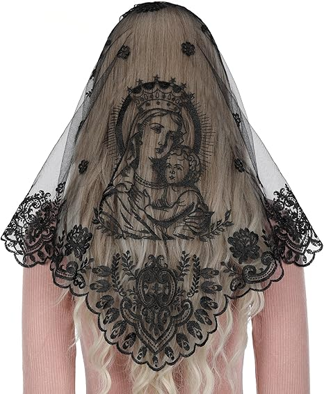 Bozidol Virgin Mary Chapel Veil for Church Catholic, Mother of God Embroidered Mantilla Veils Lace Head Coverings for Women