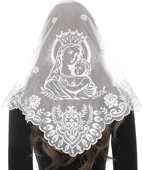 Bozidol Virgin Mary Chapel Veil for Church Catholic, Mother of God Embroidered Mantilla Veils Lace Head Coverings for Women