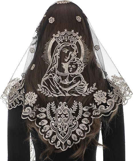 Bozidol Virgin Mary Chapel Veil for Church Catholic, Mother of God Embroidered Mantilla Veils Lace Head Coverings for Women