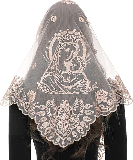 Bozidol Virgin Mary Chapel Veil for Church Catholic, Mother of God Embroidered Mantilla Veils Lace Head Coverings for Women